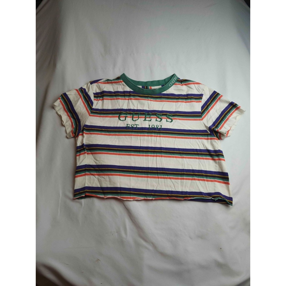 Guess T-Shirt Womens Small Multicolor Striped Short Sleeve Crew Neck Cropped